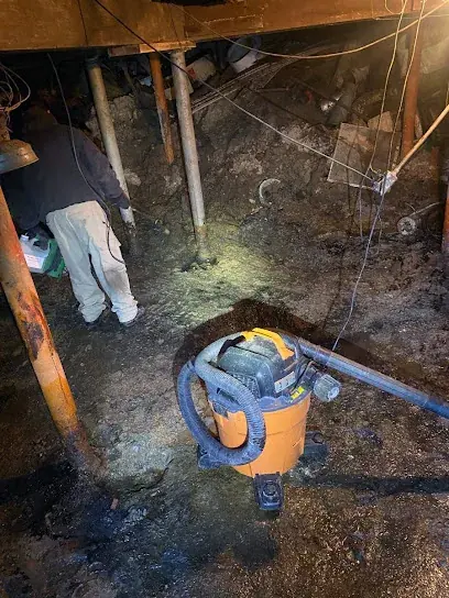 Truck-mounted water extraction removing standing water from a flooded Buffalo home